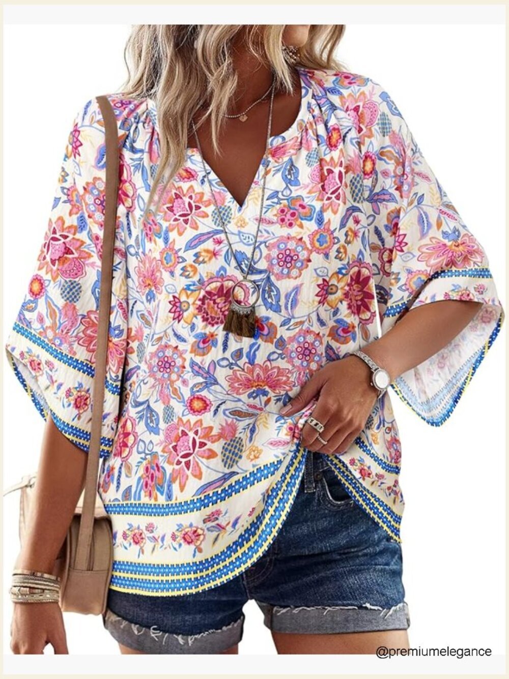3/4 Sleeve V Neck Bohemian Peasant Blouse Loose Fit Tunic Top
